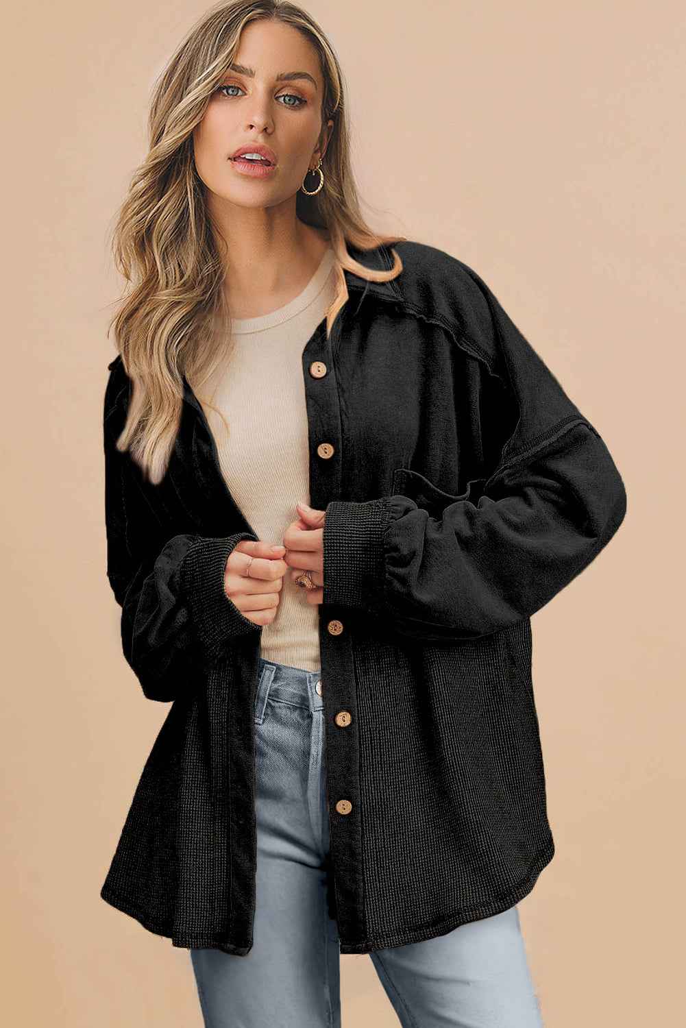 Black Waffle Knit Patchwork Exposed Seam Loose Shacket 38fb67568a883973