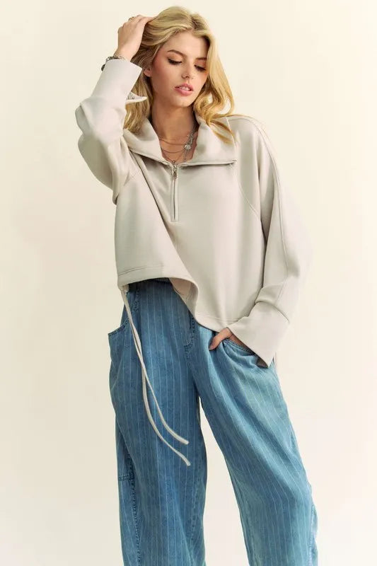 Drawstring Hem Half Zip Raglan Sleeve Sweatshirt 38fe13f3-71ca-4204-afa7-8206932067c9-Max