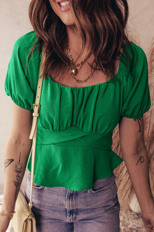 Dark Green Solid Color Ruched Crossed Waist Tied Back Short Sleeve Peplum Top Dark Green 100%Polyester 38fe7d87491ed22d