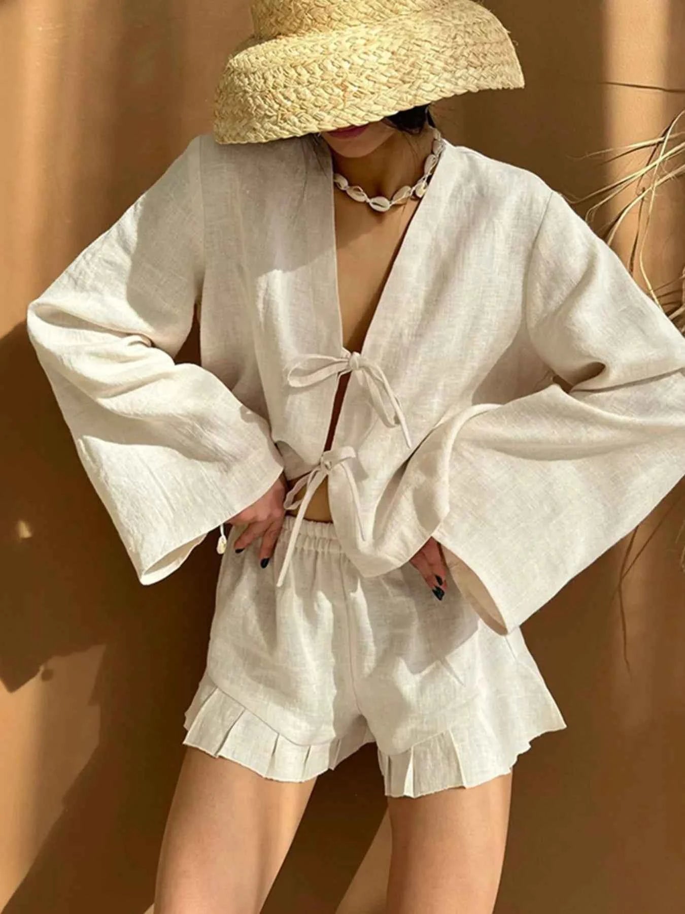 Tie Front Long Sleeve Top and Shorts Set White 38fe893c-cded-4687-84d5-4f79fd2923a4-Max-Origin
