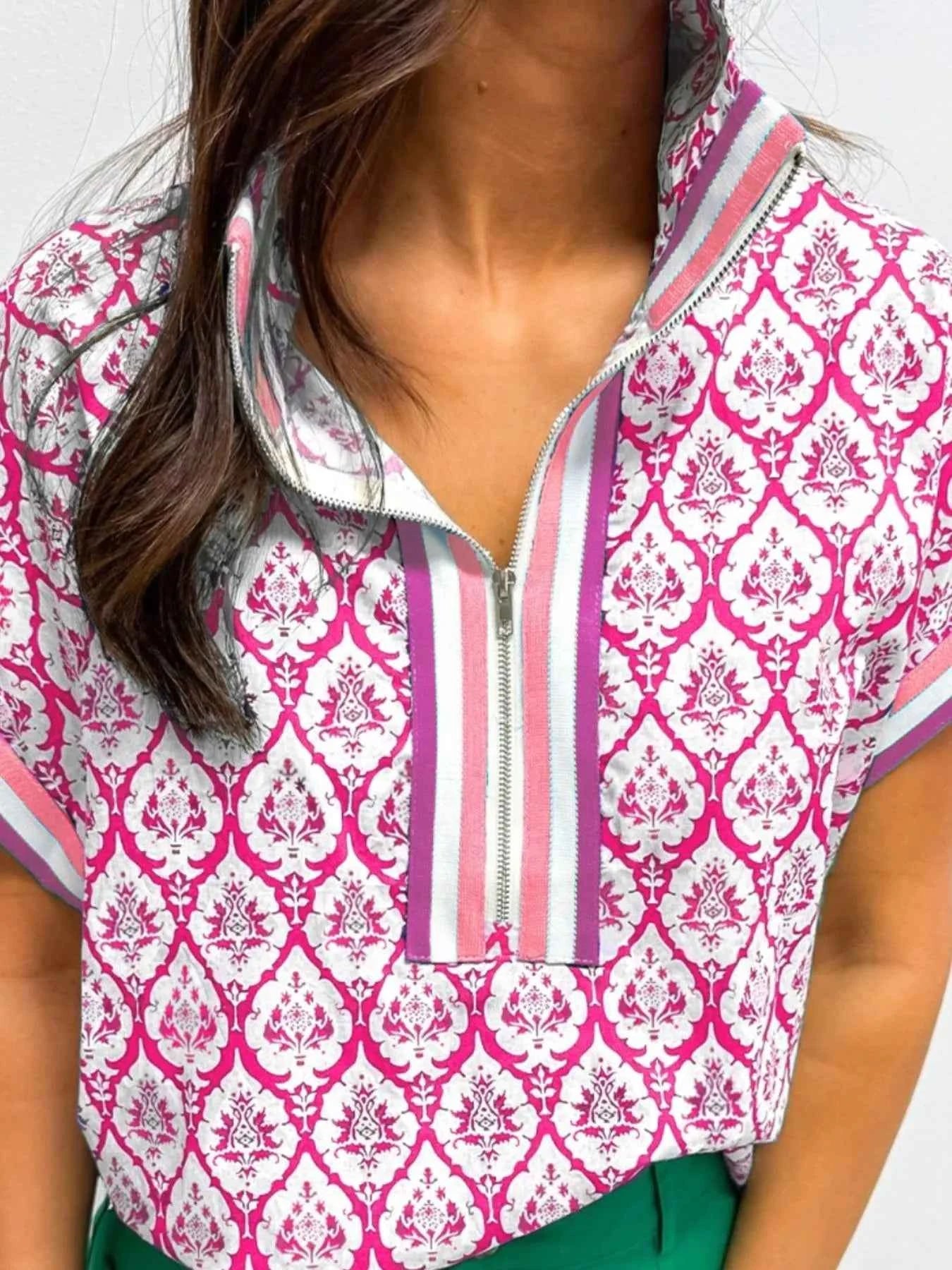 Printed Half Zip Short Sleeve Blouse 390dc202-acdc-4fd6-bca3-310b2c2c9c72-Max-Origin