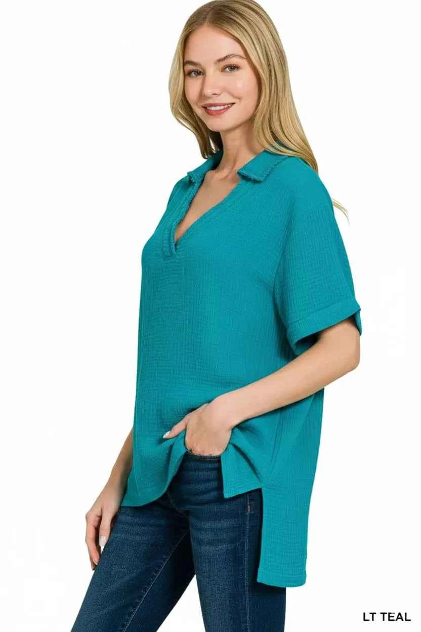 Zenana Double Gauze Short Sleeve High-Low Top 390fa035-409e-4bd4-95b1-e1d8638dcf9d-Max-Origin