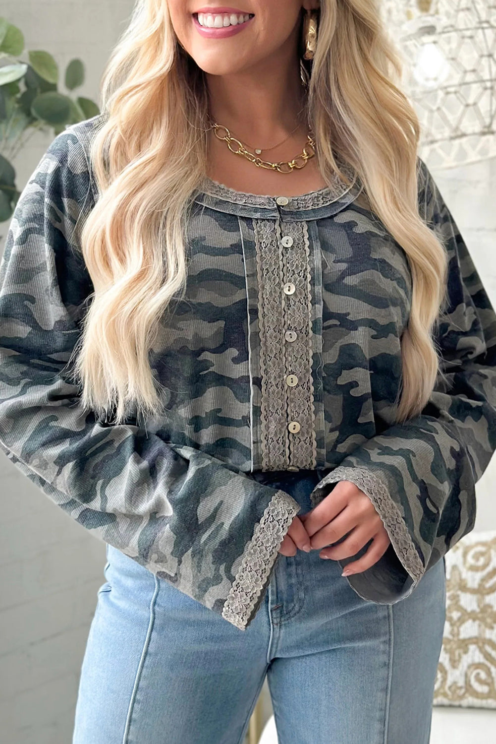 Green Camouflage Print Lace Patchwork Detail Button Long Sleeve Top 3912b0d209c4fbf9