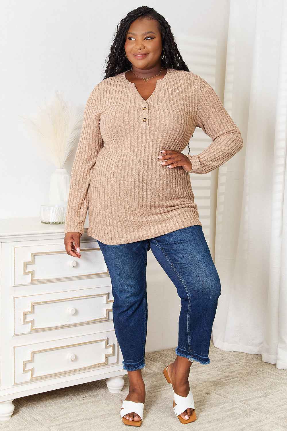 Double Take Notched Neck Ribbed Long Sleeve T-Shirt 3917e87ca88a4a4e89c88a17eaf5edba-Max