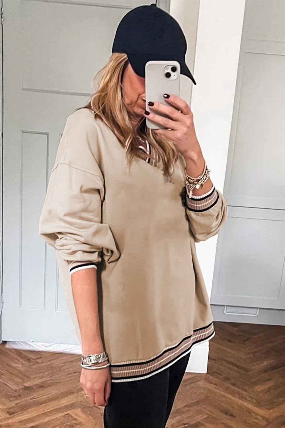 Parchment Varsity Contrast Trim V Neck Sweatshirt 3917fe687450abab