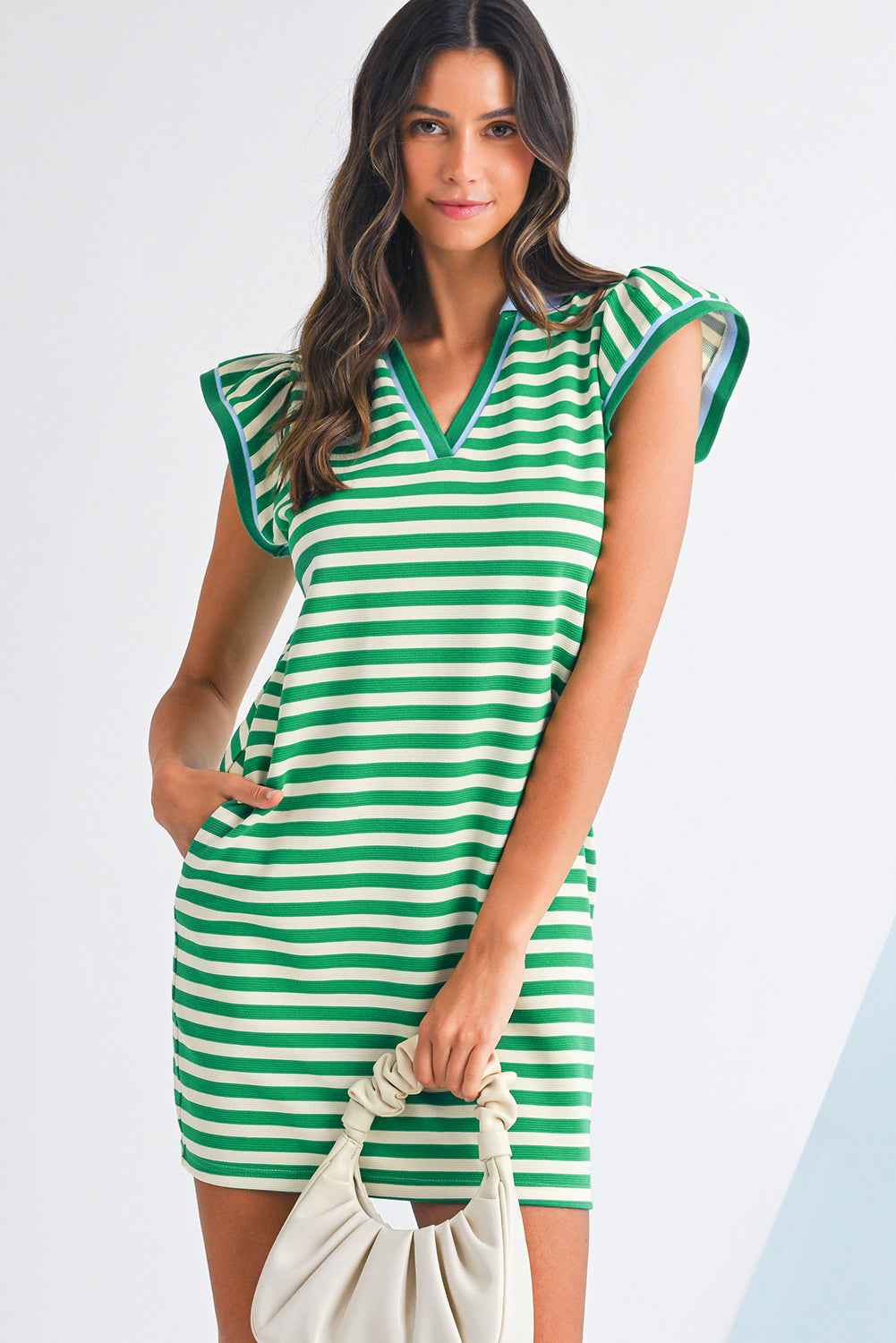 Dark Blue Striped Ruffle Short Sleeve Pop of Color Neckline Dress 391e8f0fcd280379