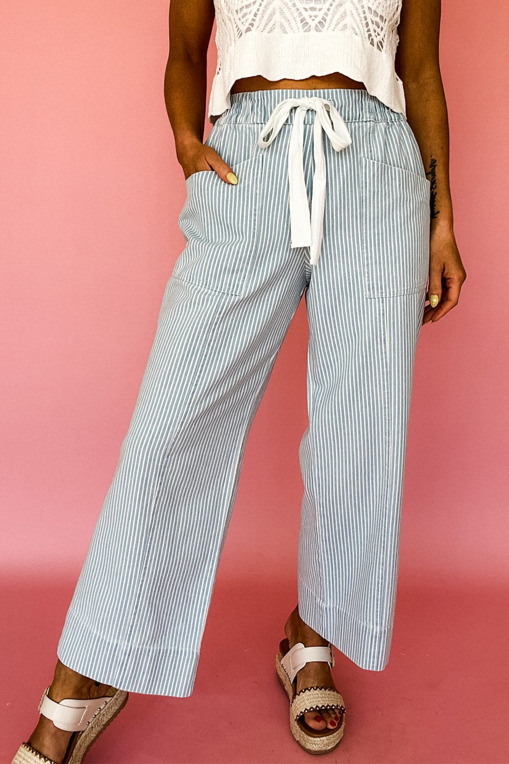 Sky Blue Striped Mid Rise Drawstring Waist Jeans Sky Blue Stripe 85%Cotton+15%Polyester 39254b3cc1dc26cd