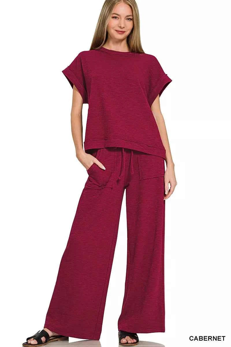 Zenana Cotton Slub Short Sleeve Tee and Pants Set CABERNET 392b57b1d01440659d4373803ee0d674-Max-Origin