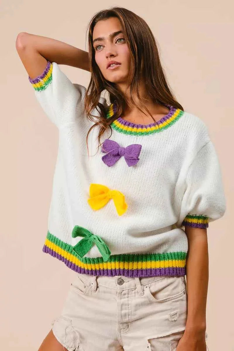 BiBi Short Puff Sleeve Ribbon Bow Mardi Gras Sweater 392b72723aec42cb829d51a653c630d7-Max-Origin