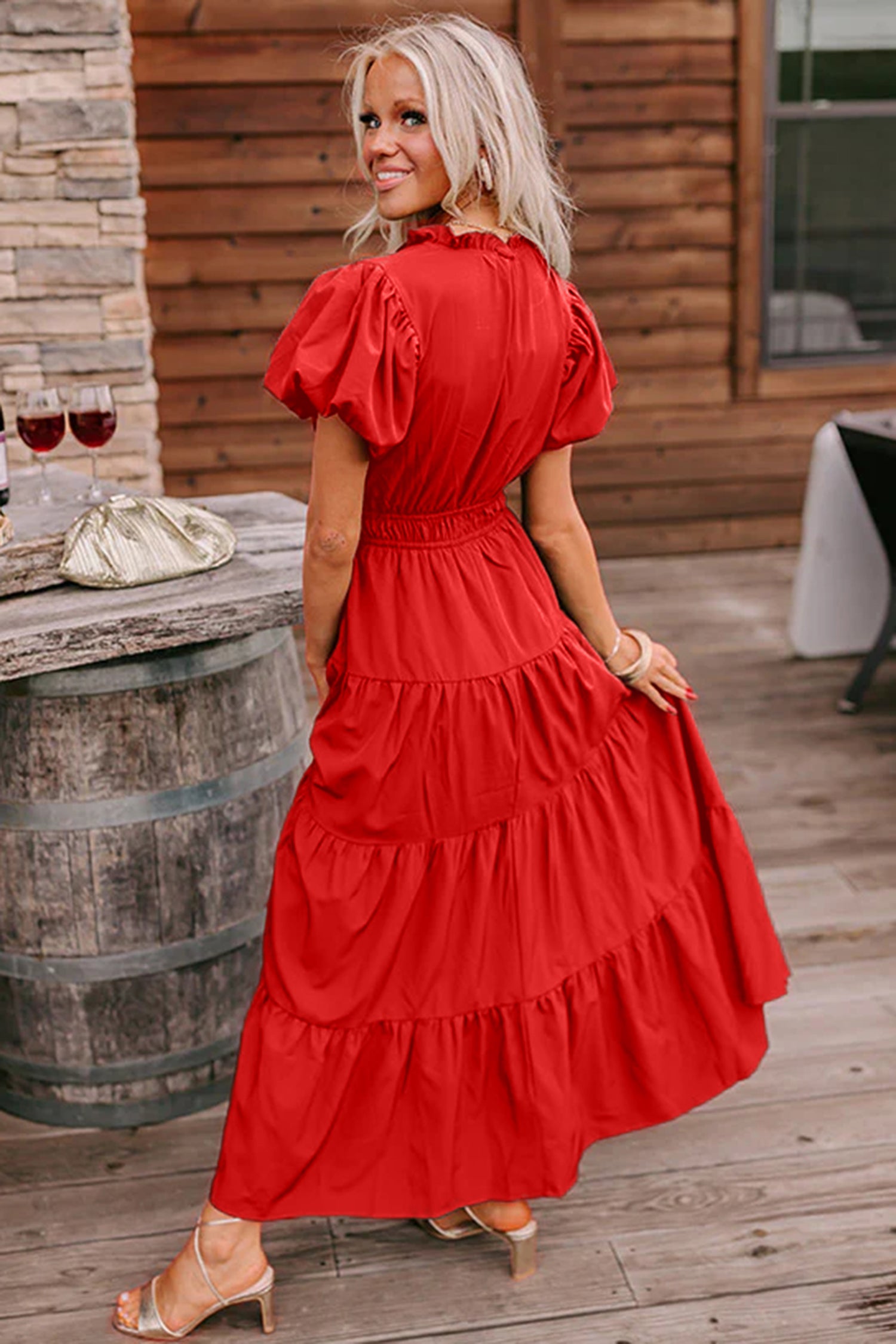 Bright Green Solid Color V Neck Short Puff Sleeve High Waist Tiered Maxi Dress 3930ed4e4efd7767