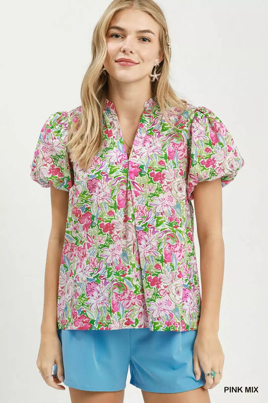 Floral Puff Sleeve Blouse PINK MIX 3932745a-3a46-42e6-9634-c4cb02fb69f5-Max-Origin