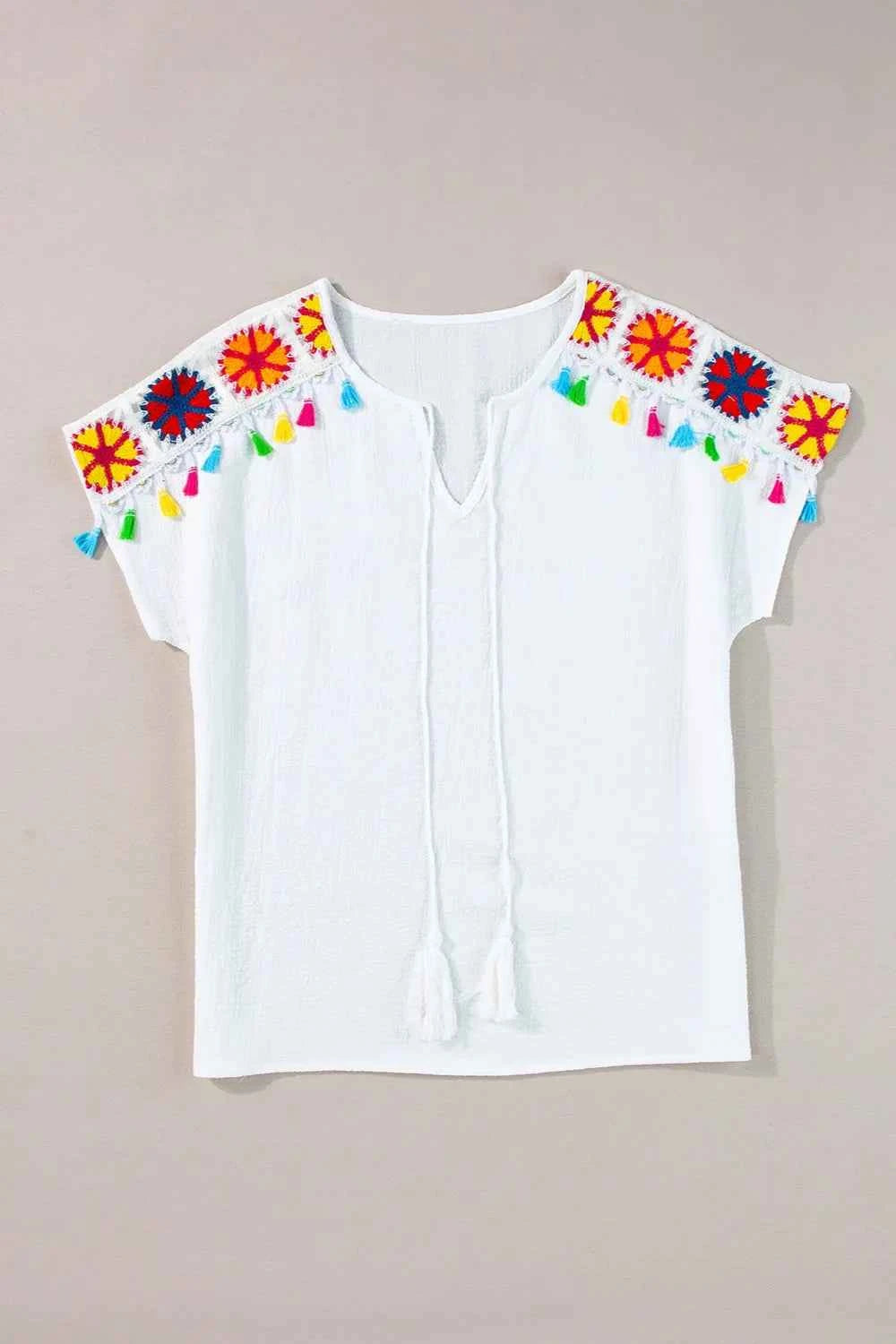 Tassel Tie Neck Short Sleeve Blouse 393ea00b-4cfe-4079-907d-66d5a5c5b6ab-Max