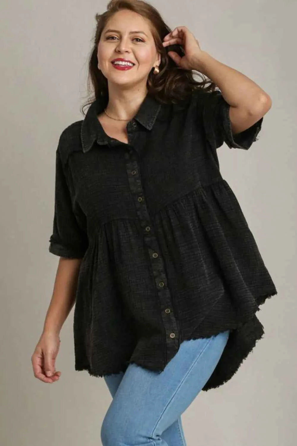 Umgee Full Size Cotton Gauze Button Front Shirt Plus Size 39453f9b-407a-432c-b68d-3e812de6a006-Max
