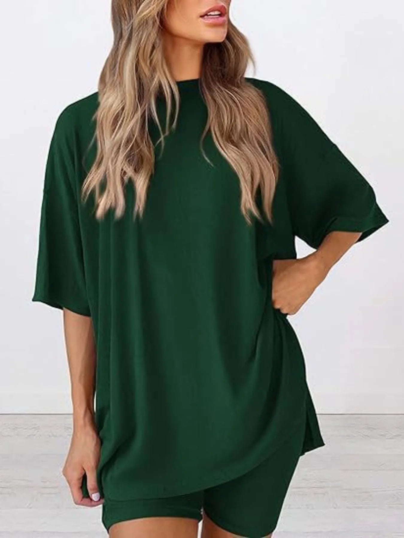 Full Size Oversized Slit Round Neck Top and Shorts Lounge Set Plus Size Green 3949c1371d1047ac9fbcaf243a93eba5-Max-Origin