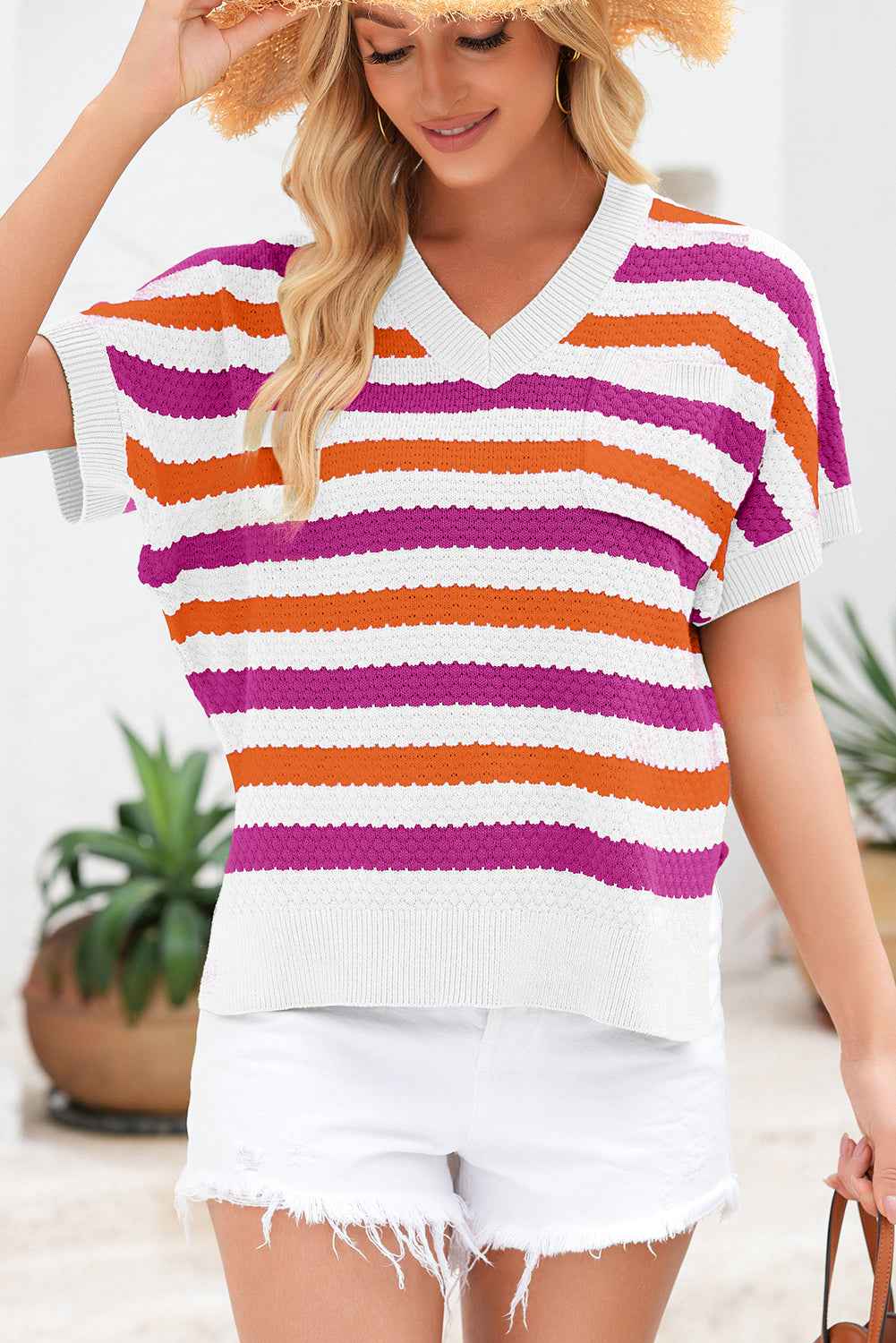 Green Stripe V Neck Short Sleeve Sweater with Side Slits 395195157b33eaaf