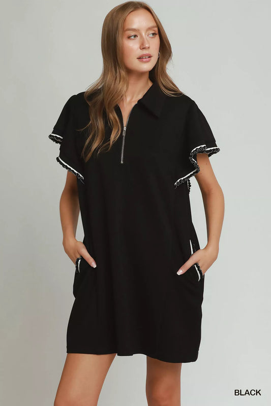 Half Zip Ruffle Rib Band Butterfy Sleeve Mini Dress with Pockets Black 395cf9a2-ed1a-44f1-8bc2-c28a5f899d86-Max-Origin