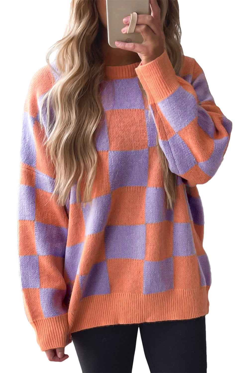 Parchment Checkered Pattern Ribbed Trim Knit Baggy Sweater 395e1e5216872ede