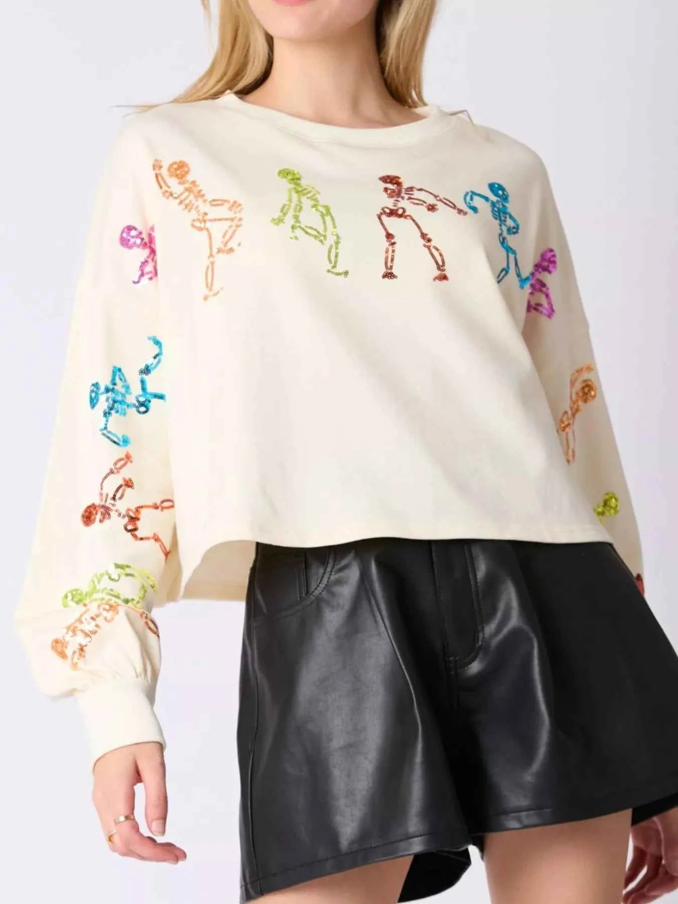 Halloween Colorful Sequin Skeleton Sweatshirt Ivory White 395eb54a-c8b2-4db1-a688-d9540bd7144c-Max-Origin