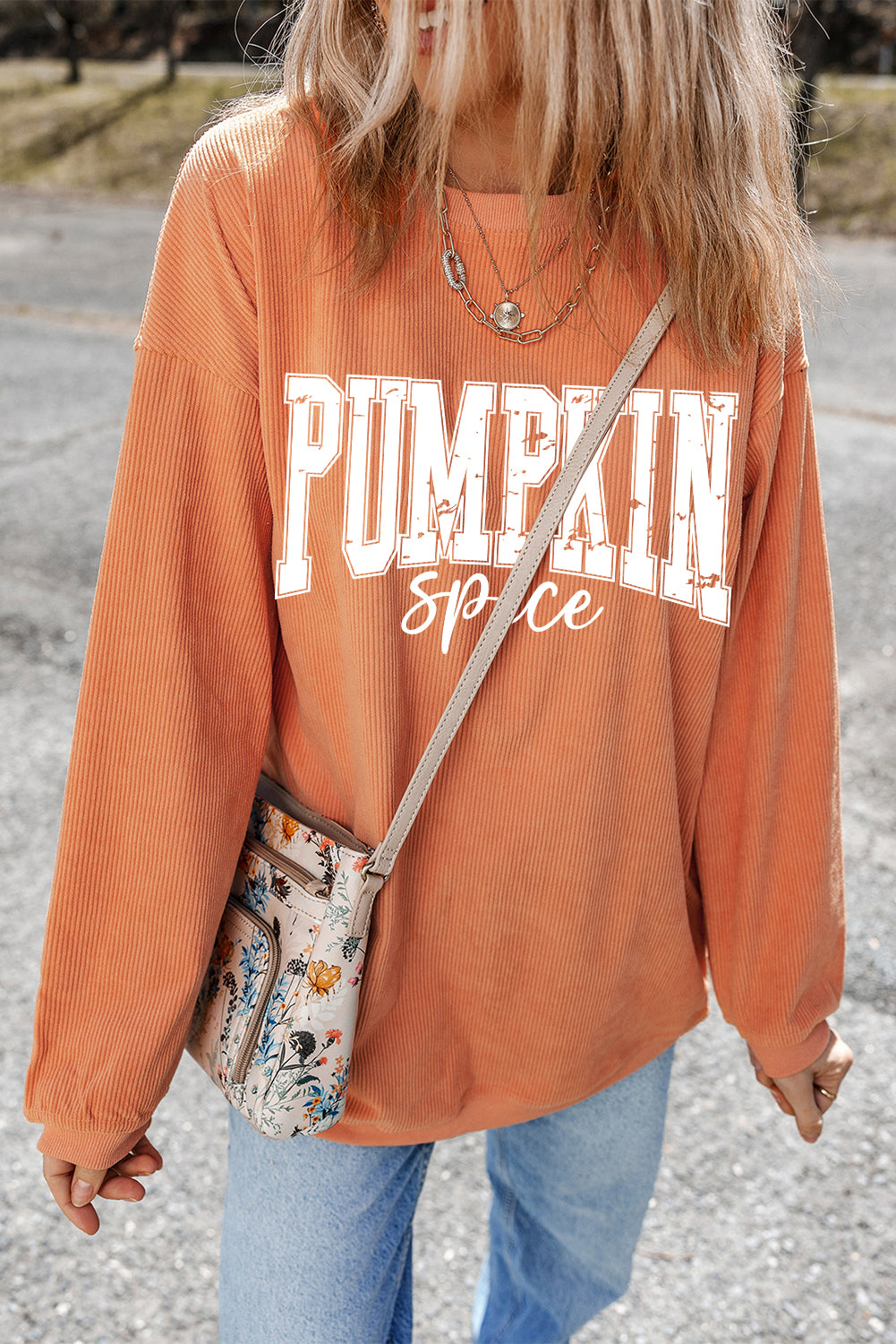 Orange Crinkle Ribbed PUMPKIN Spice Graphic Crewneck Sweatshirt 39666ab473fde7d9