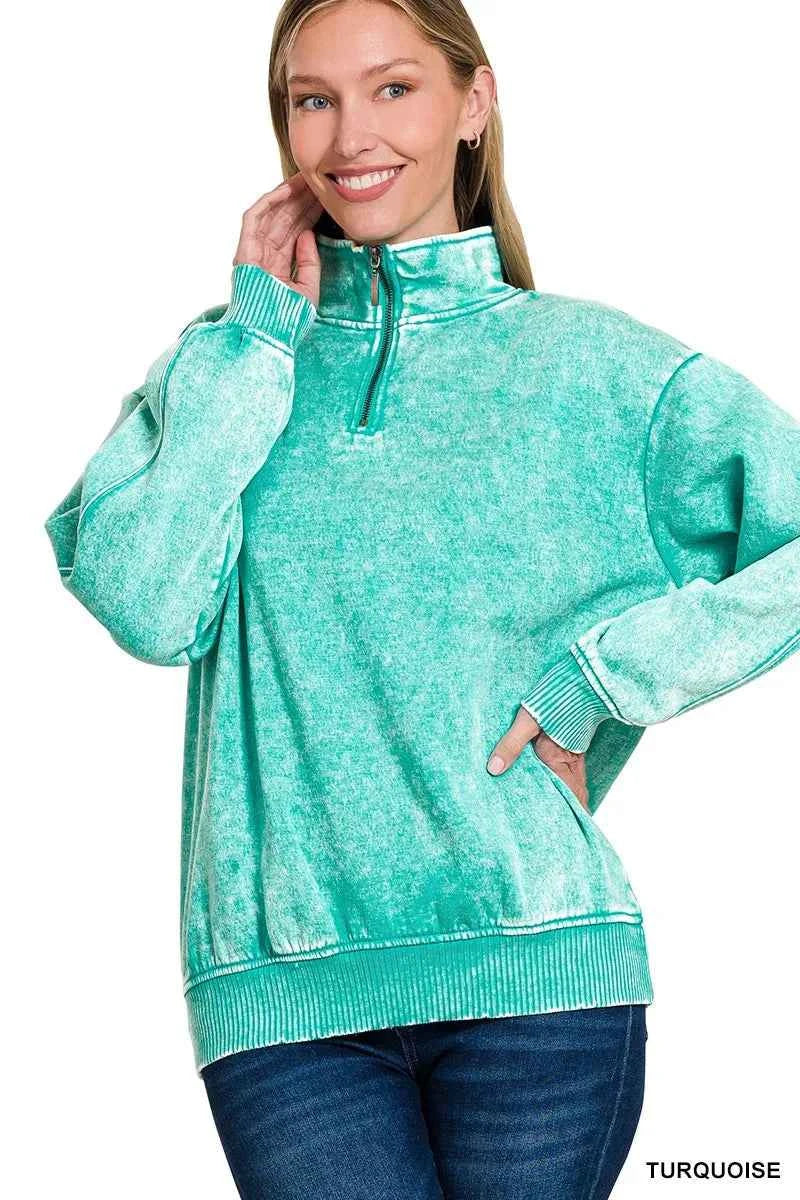 Zenana Acid Wash Fleece Quarter Zip Sweatshirt TURQUOISE 396678802e094c0a8582ed4a2b389240-Max-Origin