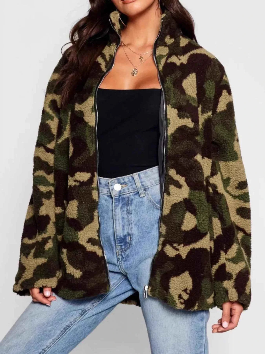 Camouflage Zip Up Oversized Jacket Green Camouflage 396d56b6-a601-40ef-855a-c40e1d5eca1e-Max-Origin