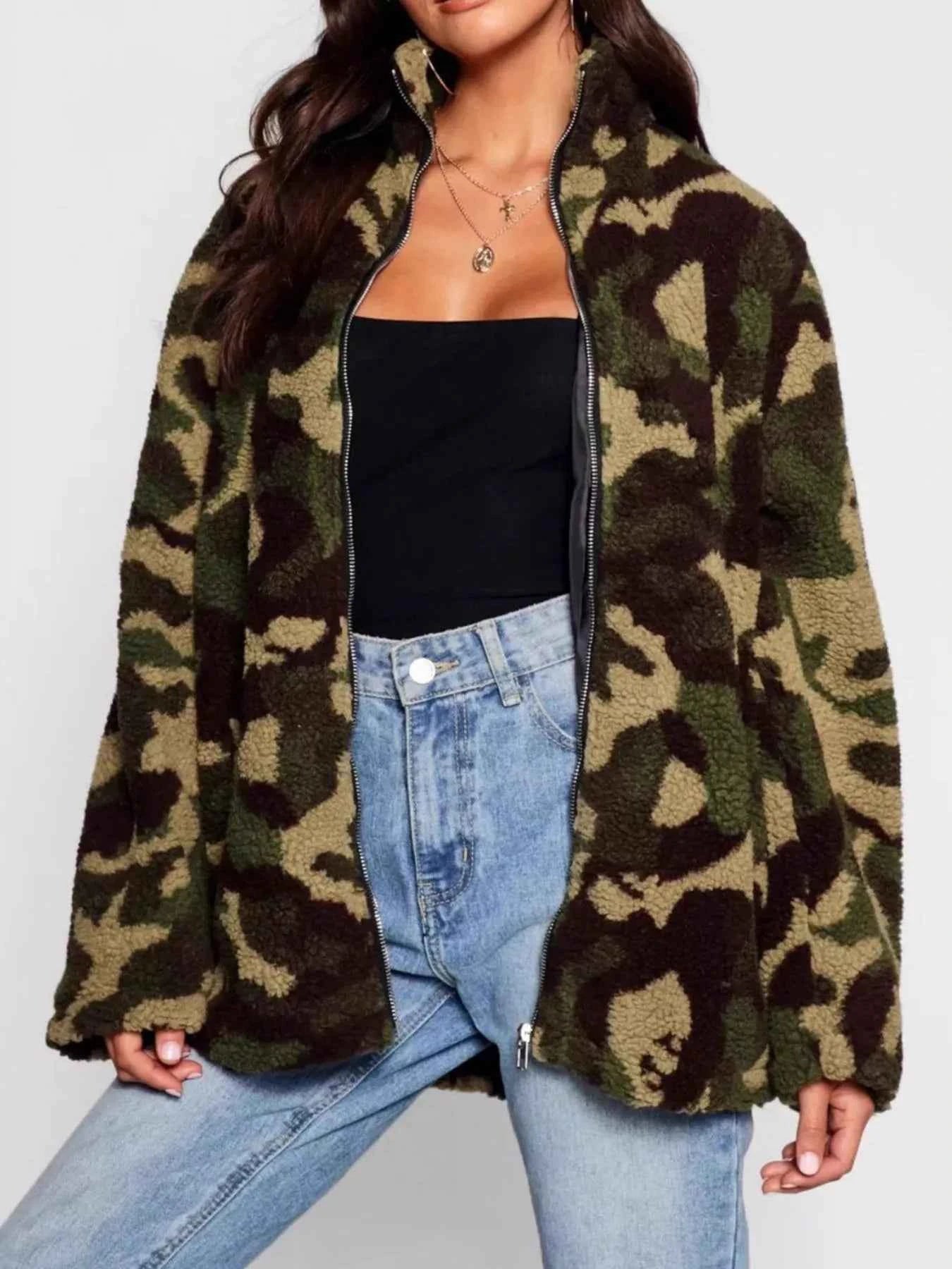 Camouflage Zip Up Oversized Jacket Green Camouflage 396d56b6-a601-40ef-855a-c40e1d5eca1e-Max-Origin