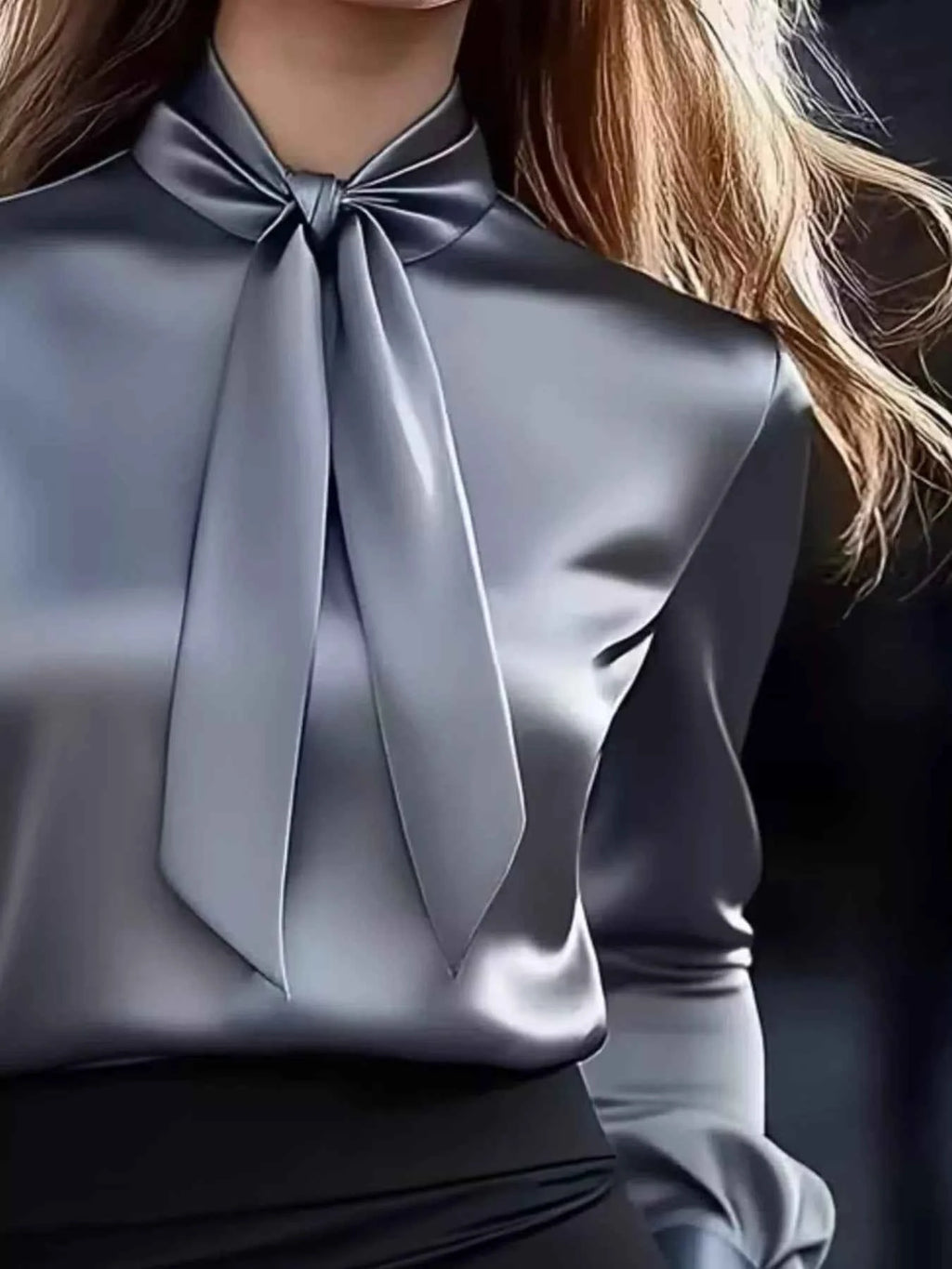 Tie Neck Satin Long Sleeve Blouse 396e5648-9acd-469f-9166-200b987a98a6-Max-Origin