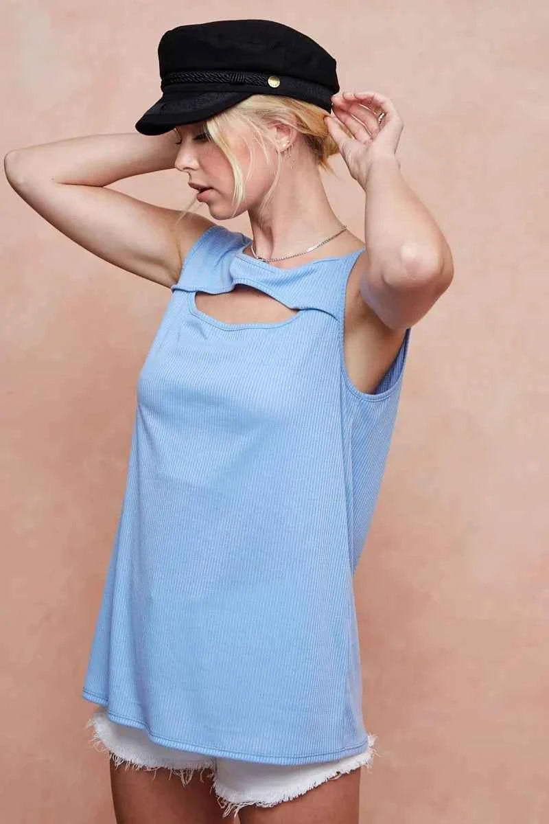 Soft Rib Knit with Cut Out Front Sleeveless Top 39750d6fb298447fae7ec6561ad85c96-Max-Origin