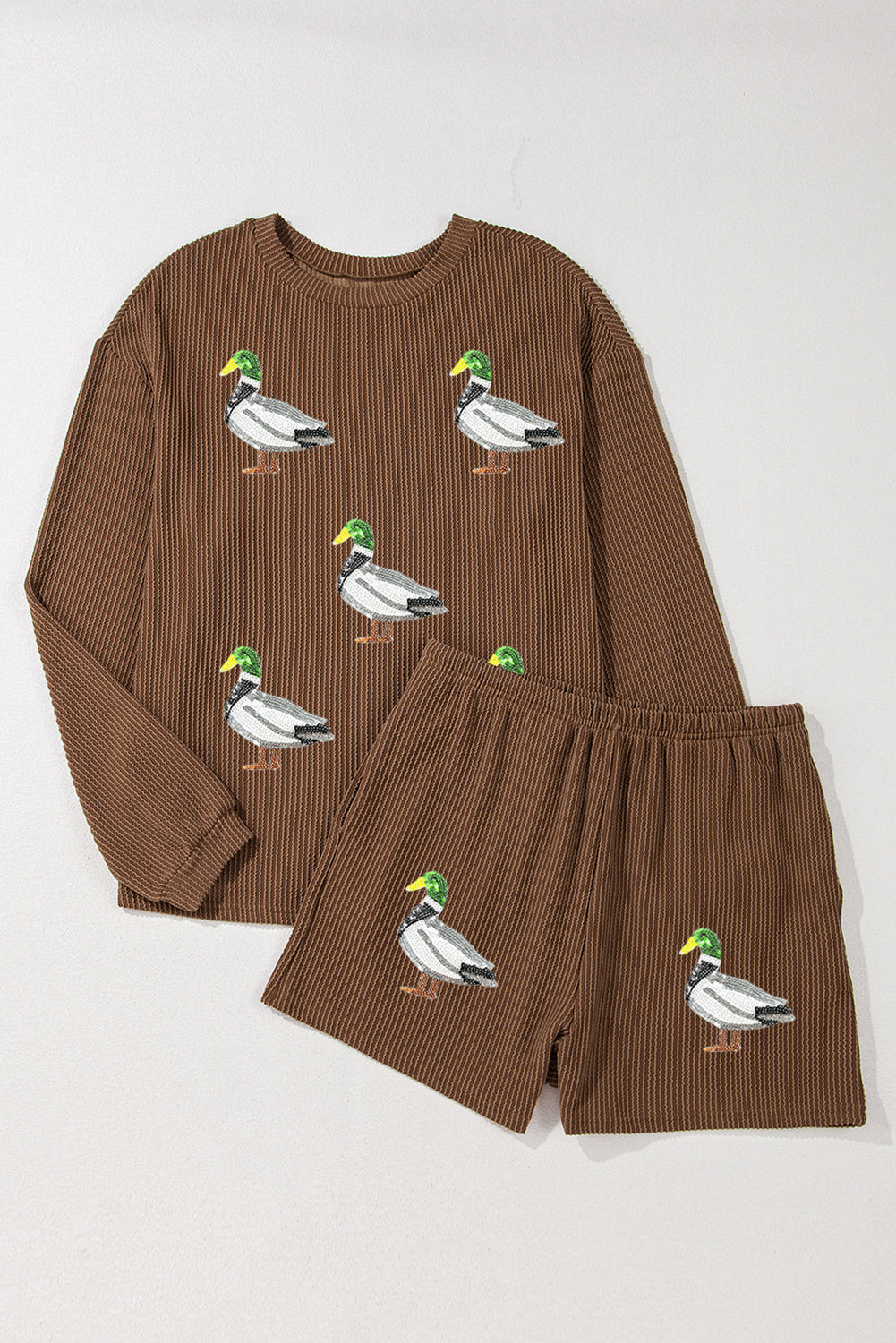 Chestnut Twisted Ribbed Mallard Duck Sequins Patch Long Sleeve Top and Short Set 39761f1c37d3ab89