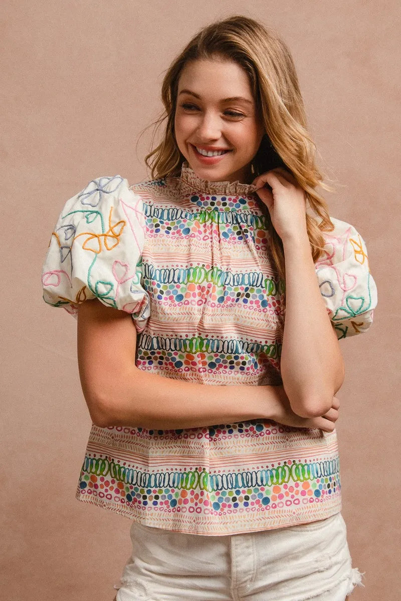 BiBi Ruffle Neckline Blouse With Embroidery Bubble Sleeve 3978cf5d6ba94da38b6a1125b901c32c-Max-Origin