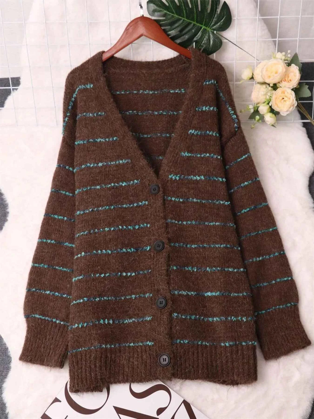 Striped Button-Up Cardigan with V-Neck Design 397ef18747314e81be55ad5105ef2917-Max-Origin