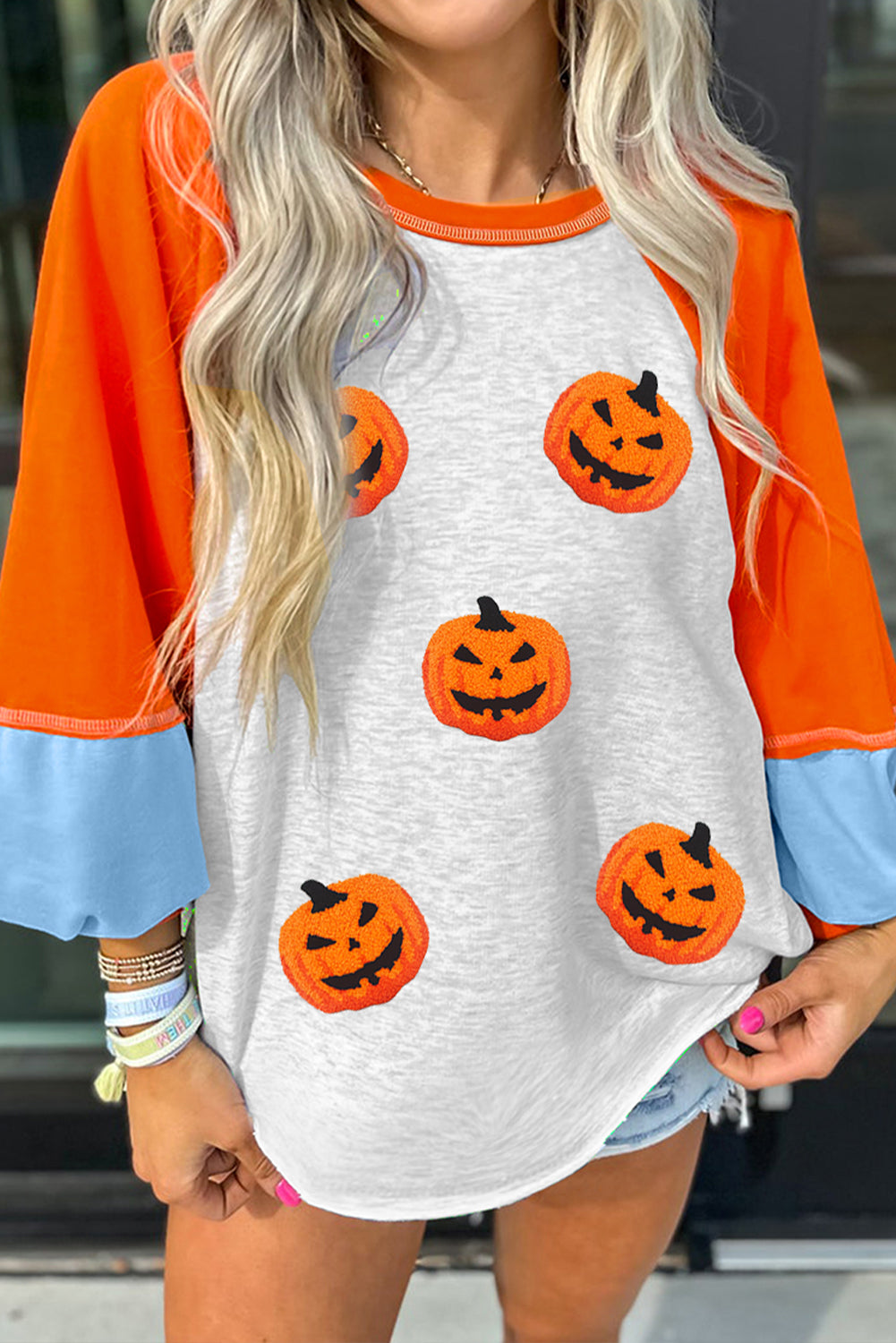 Light Grey Chenille Halloween Pumpkin Terry Flocking Long Sleeve Top 3983c82aa8dcf303