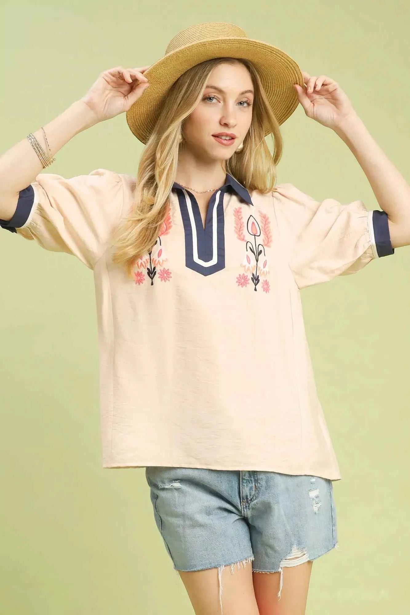 Umgee Embroidered Puff Sleeve Contrast Trim Top OATMEAL 3983da52-cff4-4f74-9414-19737e6de420-Max-Origin