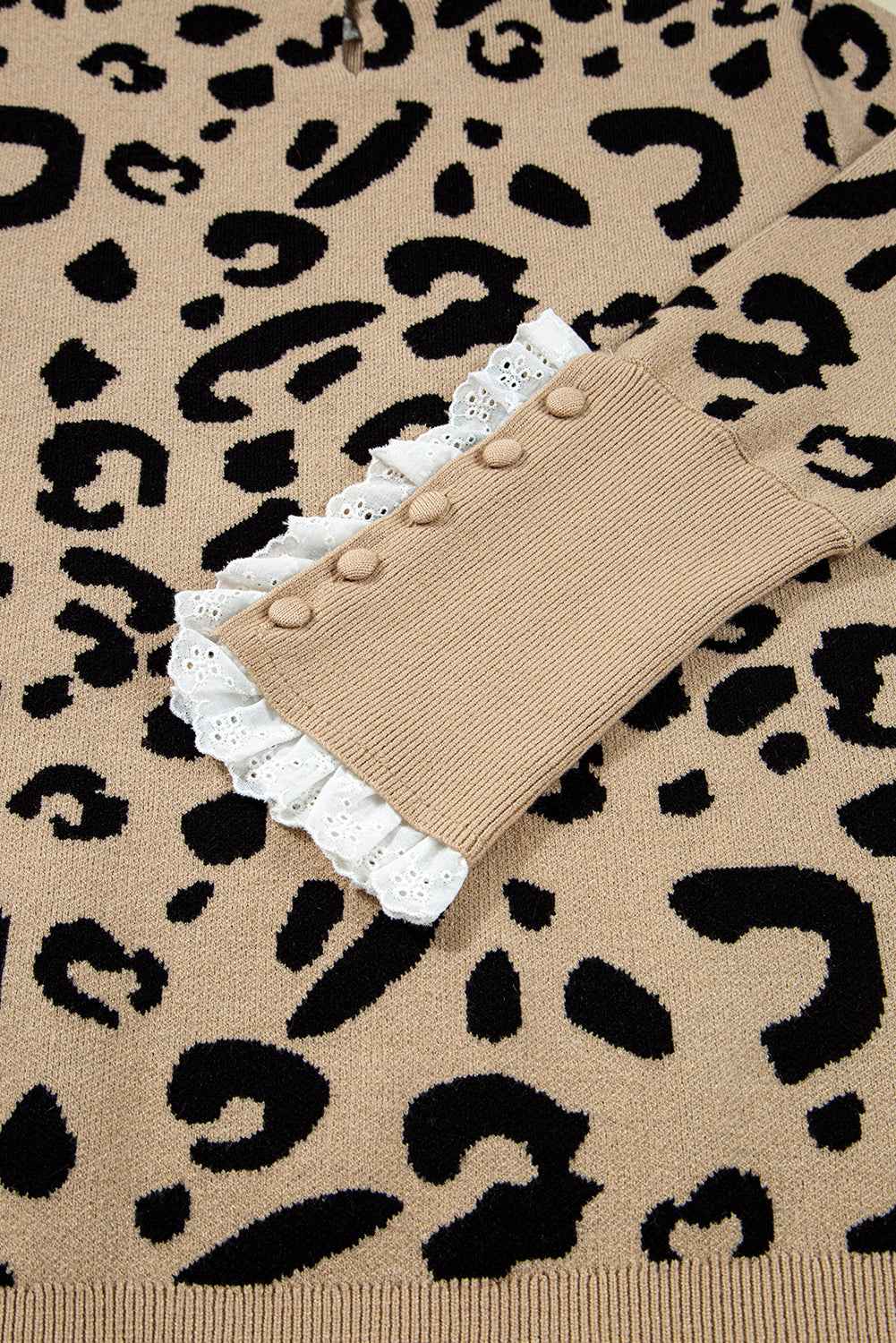 Brown Leopard Pattern Lace Trim Ribbed Detail Button Cuffed Sweater 39841ead84b7fac7