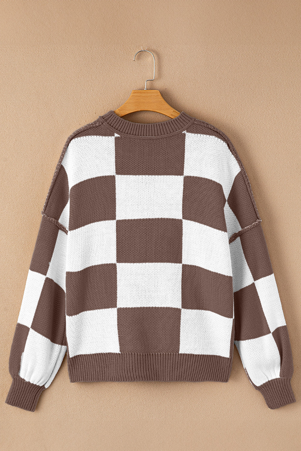 Pink Checked Bishop Sleeve Pullover Sweater 3986d91d12467e09