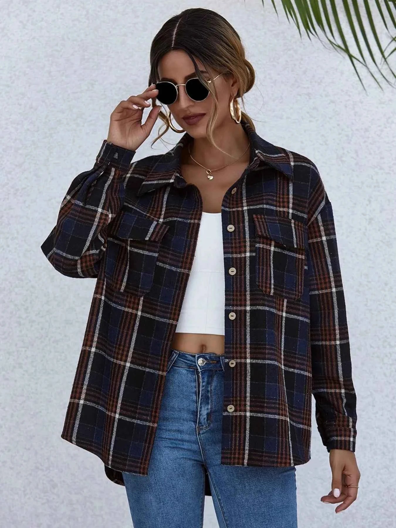 Plaid Button-Up Long Sleeve Shirt Dark Navy 39878432-160b-4bc0-b592-0af4c5410c70-Max-Origin