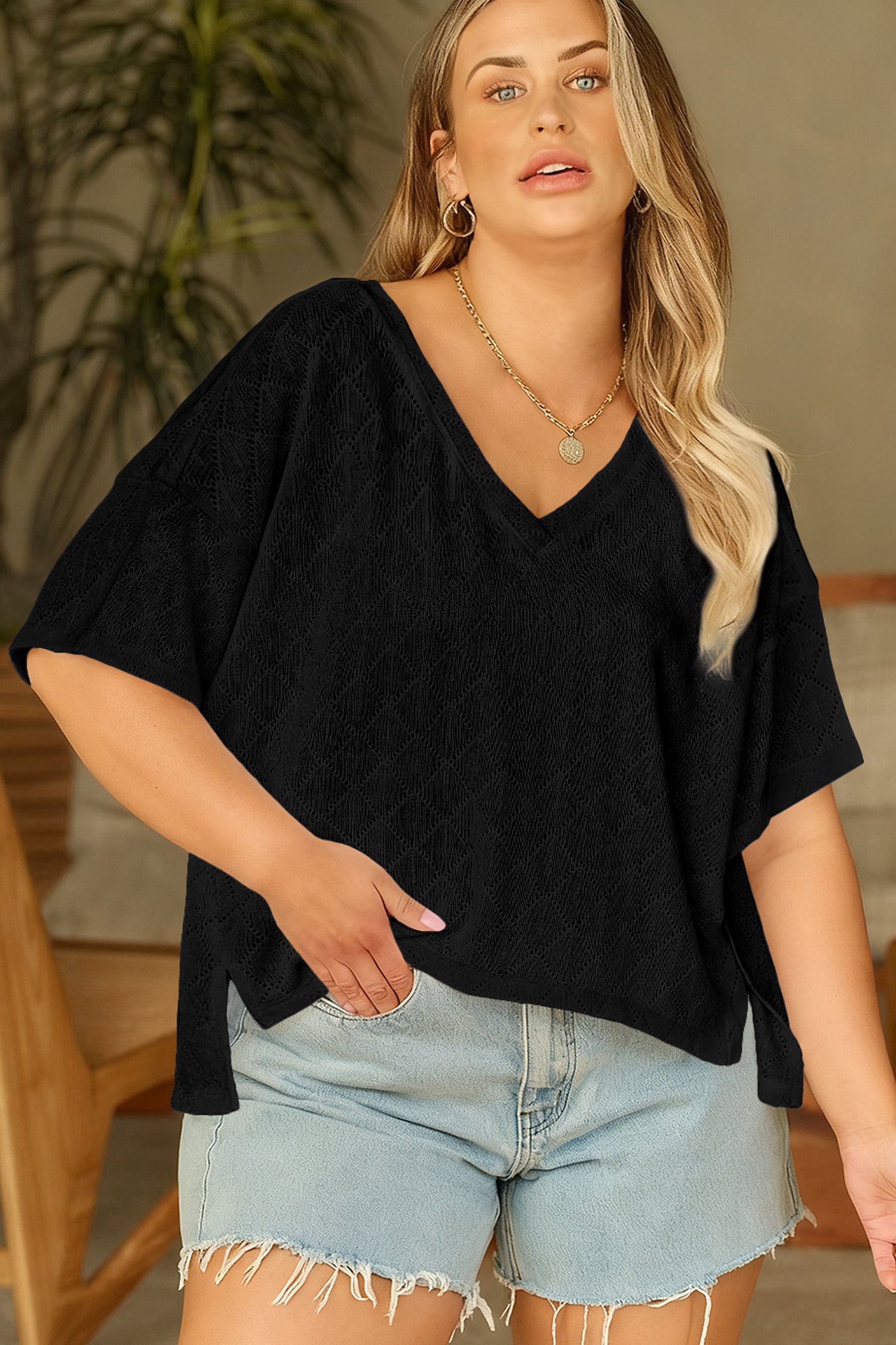 Black Pointelle Rhombus Knit Plus Size V Neck Loose Top 399168ffa10eb8ca