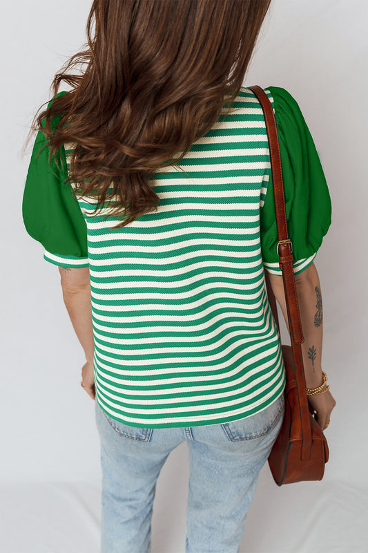 Green Stripe Puff Short Sleeve Patchwork V Neck Blouse 39925a797776d228
