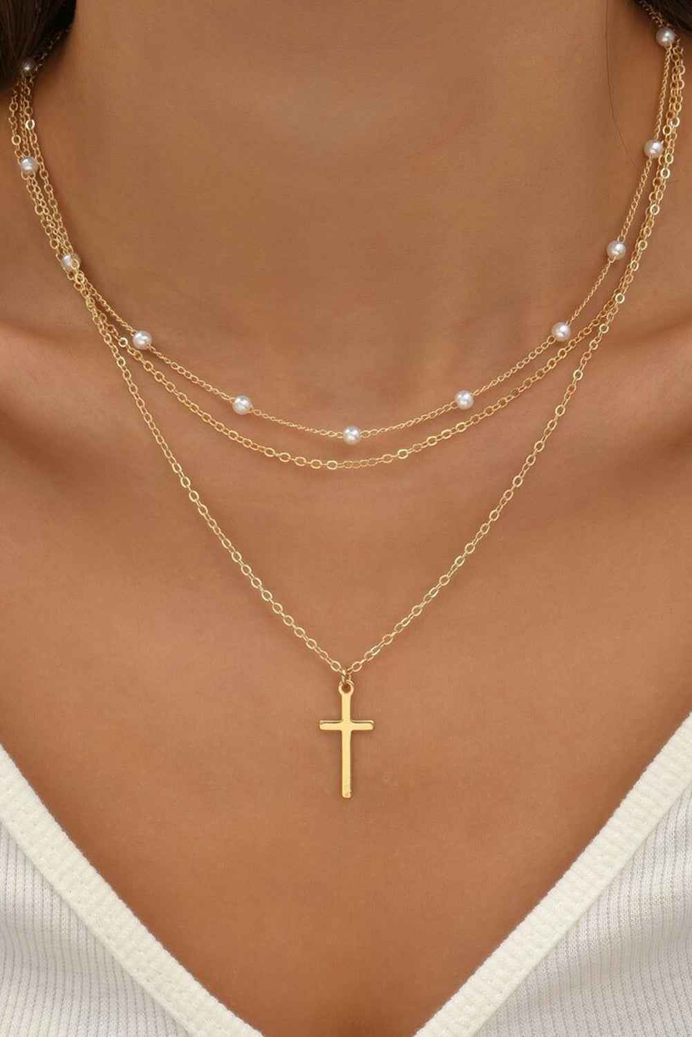 Gold Retro Multi-Layer Pearl and Cross Pendant Necklace Set Gold ONE SIZE 100%Alloy 399643ac316f34bd