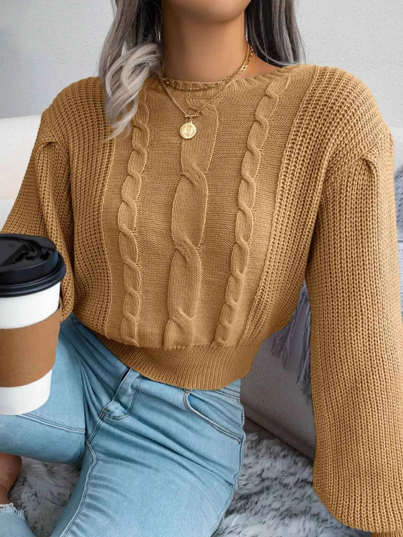 Cable Knit Round Neck Cropped Sweater 399b841b-e41b-46a2-973d-ff5dc25c24b1-Max-Origin