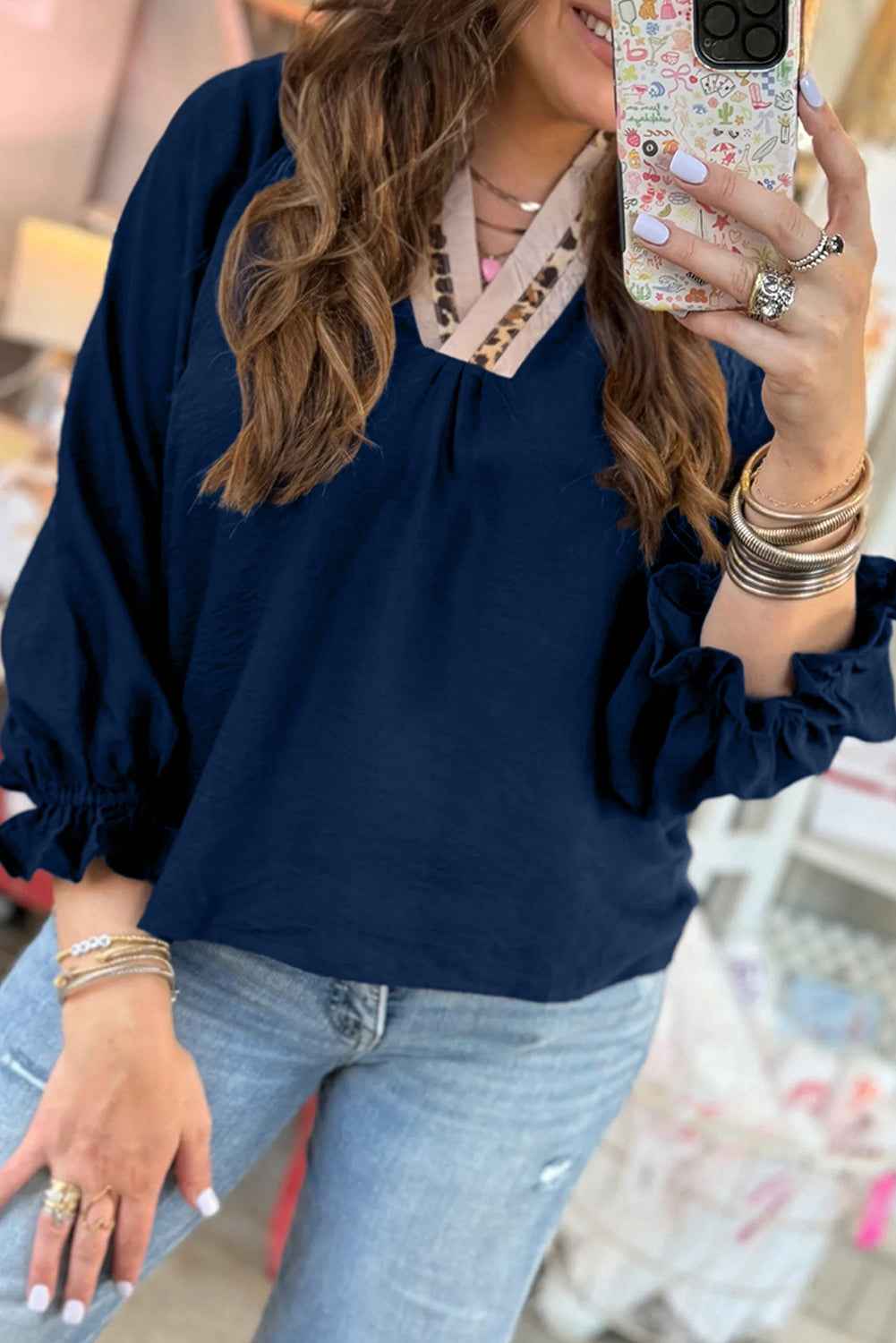 Dirty blue Leopard Trim V Neck Flounced Bracelet Sleeve Blouse Dirty blue 80%Viscose+20%Polyamide 39a17210f2548d2f