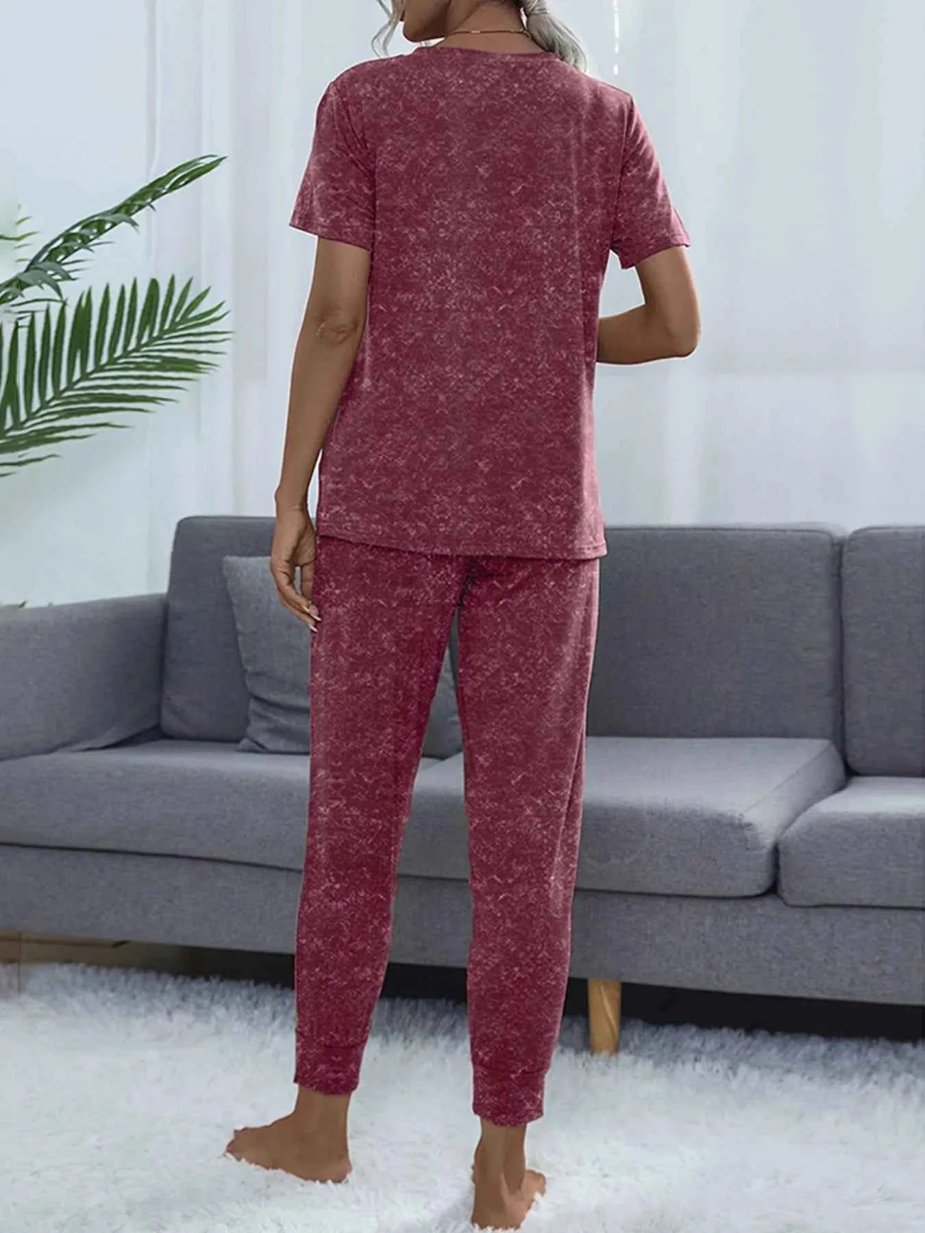 Round Neck Short Sleeve Top and Pants Lounge Set 39a85bc8410740f28585f2b25c8bf1de-Max-Origin