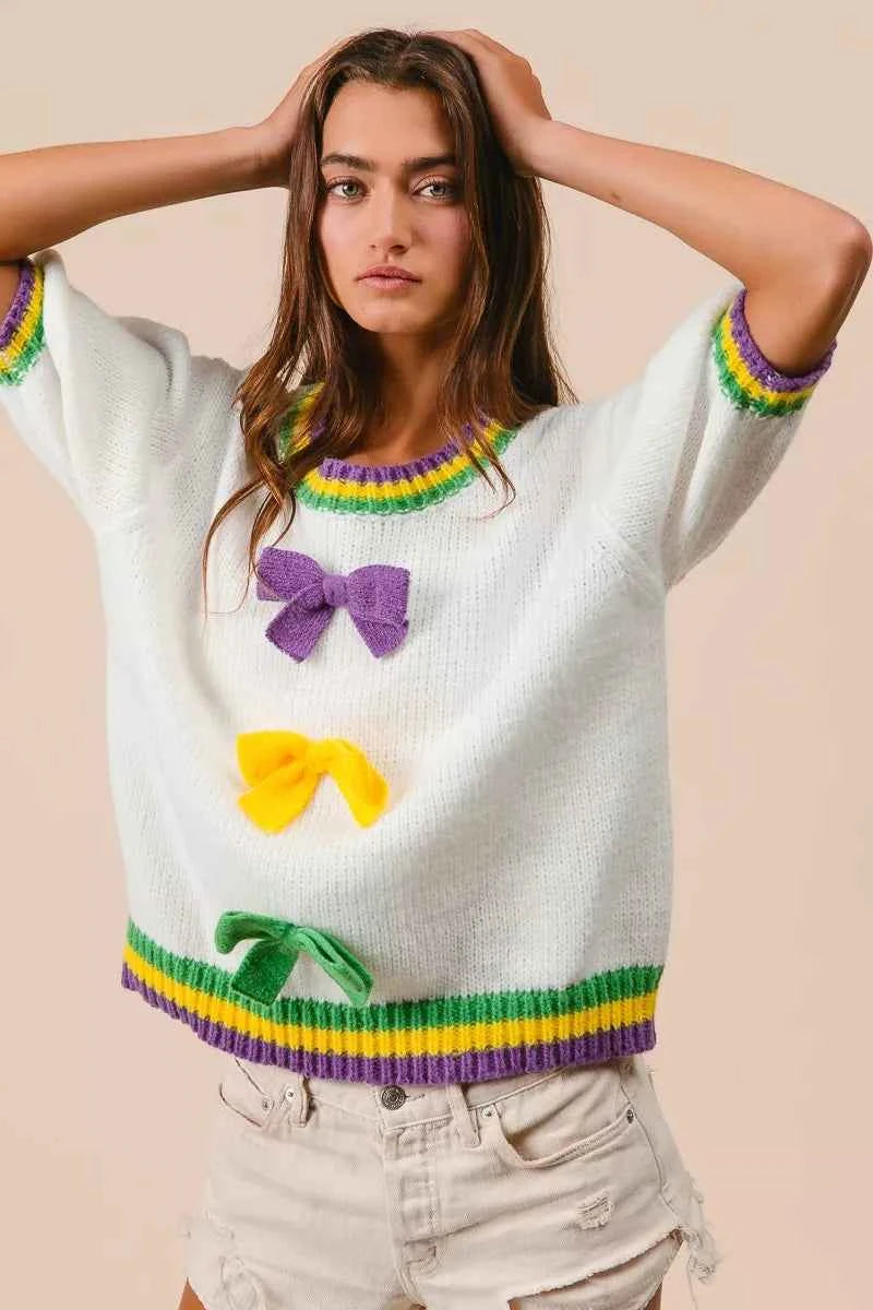 BiBi Short Puff Sleeve Ribbon Bow Mardi Gras Sweater 39a9fb0d700b42bd992f7d185419d595-Max-Origin