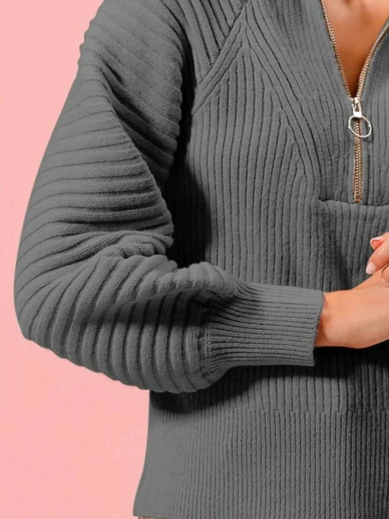SO ME Half Zip Raglan Balloon Sleeves Ribbed Sweater 39aa0460-a037-4df7-97bf-96e40e91b12f-Max-Origin