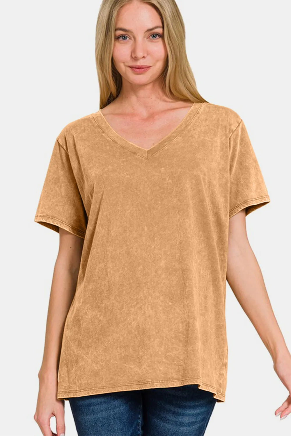 Zenana Full Size Washed Short Sleeve V-Neck T-Shirt 39aabef4-1cbc-44b4-848d-0965509f25e0-Max