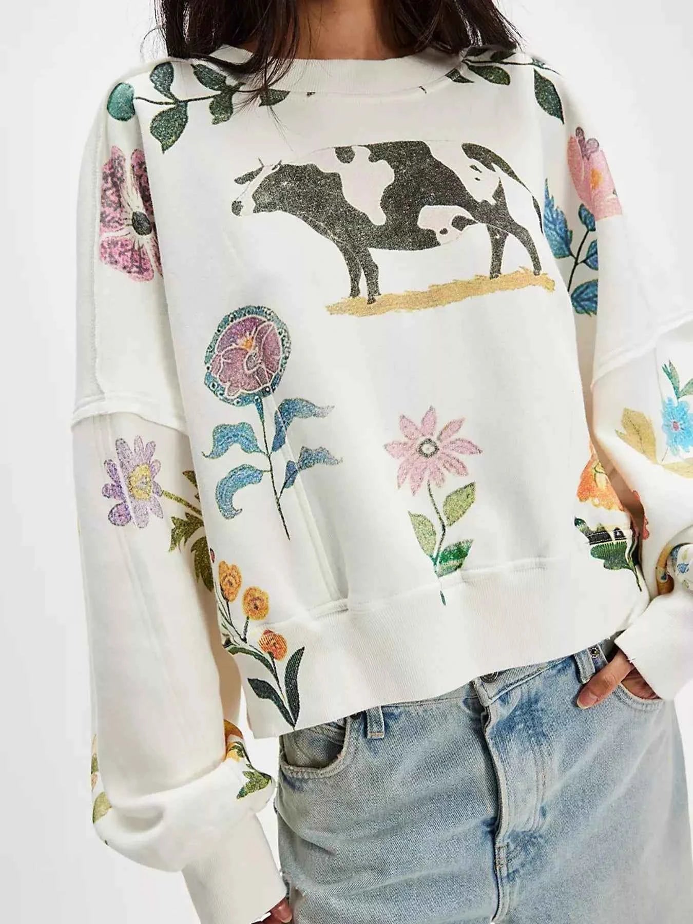 Printed Round Neck Dropped Shoulder Sweatshirt Multicolor 39afb6da-0de6-4d02-8b02-256e94baee1e-Max-Origin