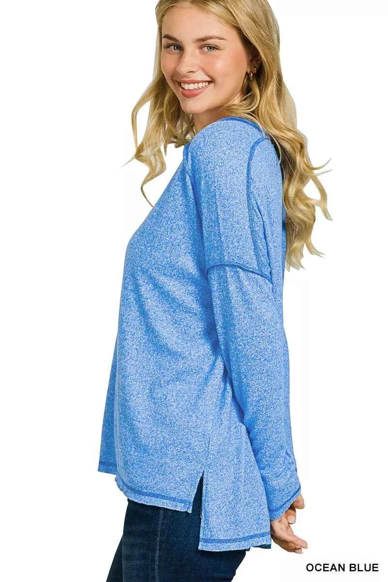 Zenana Soft Melange Hacci Exposed Seam Hi-low Tee 39b186992a834d5cab7359eeca44c80a-Max-Origin