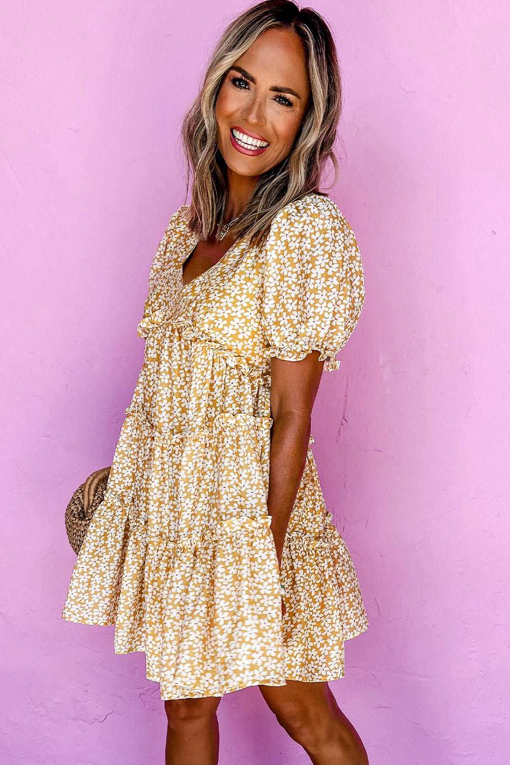 Yellow Floral Short Sleeve V Neck Frill Tiered Mini Dress 39b6fdb9ac33aca2-_3