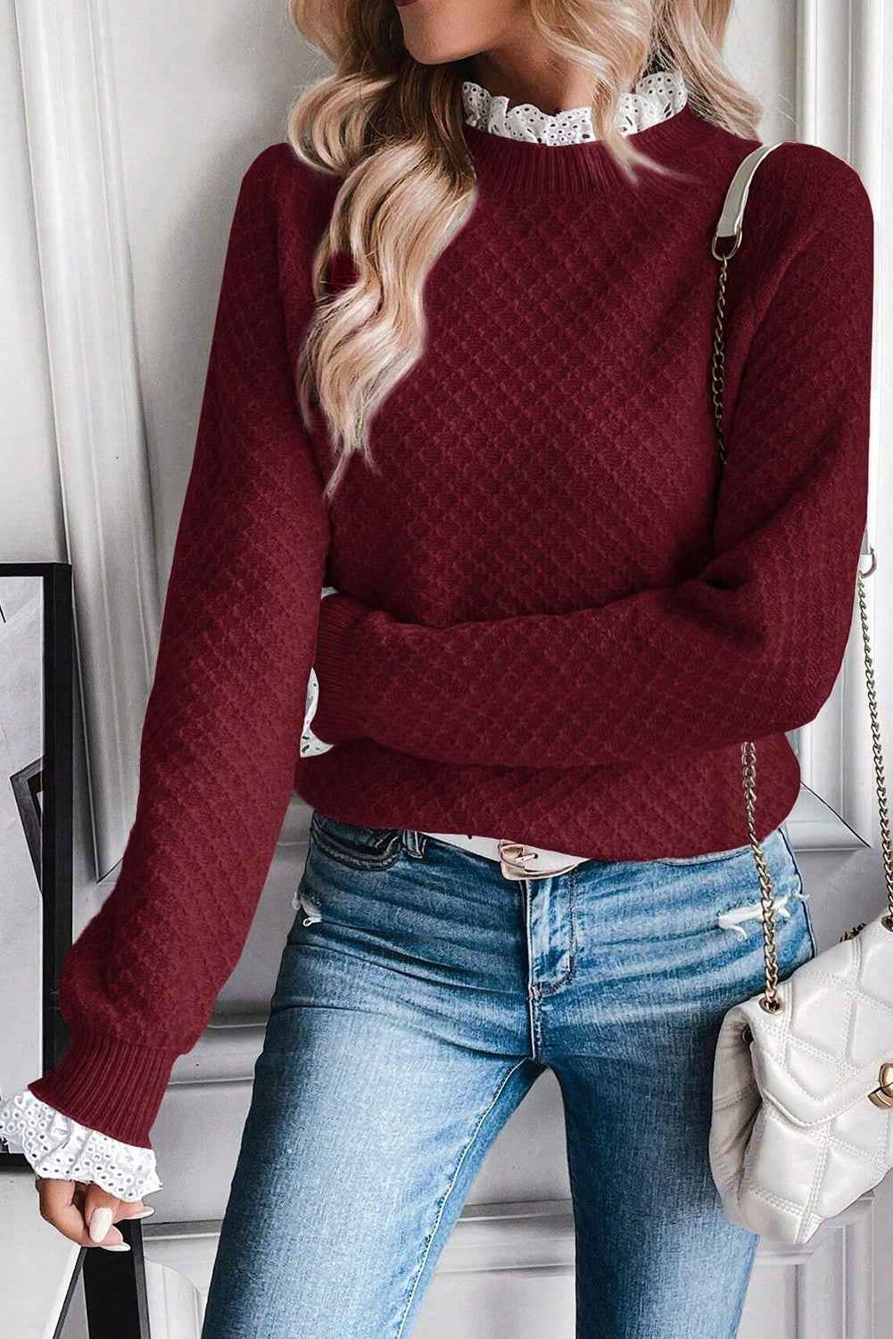 Burgundy Contrast Lace Frill Trim Raglan Sleeve Sweater Burgundy 52%Viscose+26%Polyester+22%Polyamide 39b81f538a4c0c71