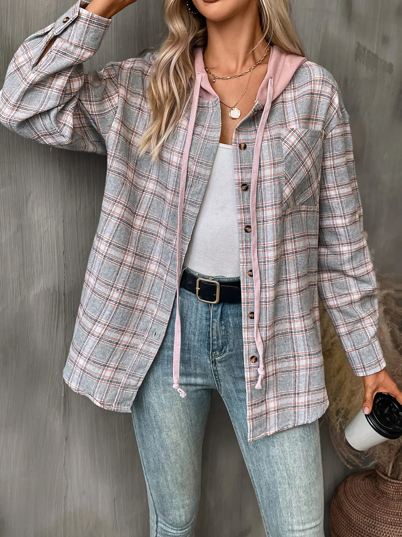 Plaid Button-Up Hooded Shirt Grey 39c10af8-2cf2-41d2-9f86-69869ae41d95-Max-Origin